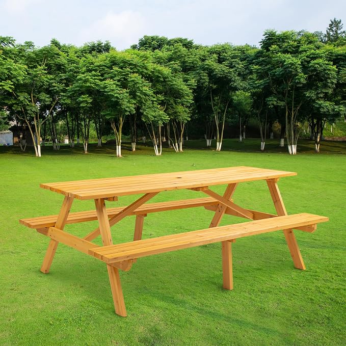 75 in. Solid Wood Picnic Table Set, 2200 lbs Capacity Natural Outdoor Patio Dining with 1.97 in. Umbrella Hole, Heavy-Duty for Backyard, Lawn, BBQ, Large Family Gathering