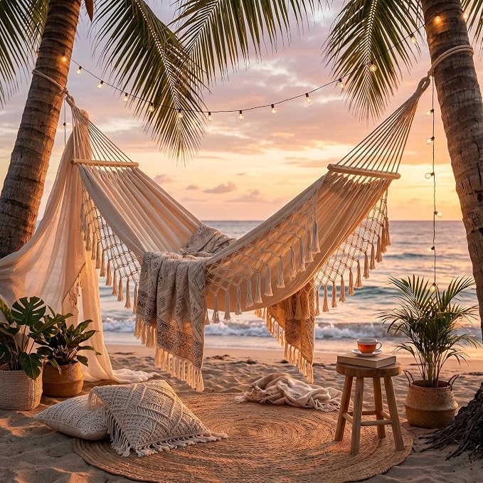 Bohemian Canvas Hammock with Tassels, Brown, 79"x59" | Soft Breathable Cotton Canvas Hammock,79x59in,2 Hanging Straps Wooden Bar;3 colors,compact for students renters dorm balcony