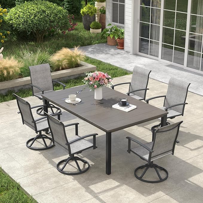 VICLLAX Outdoor Table for 6, Metal Patio Dining Table with Umbrella Hole for Garden Lawn Deck Backyard, Antique Grey Tabletop
