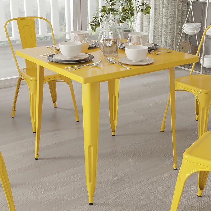 Merrick Lane Nash Indoor-Outdoor Dining Table Only - Yellow Powder Coated Finish - 31.5" Square Top - 27.25" Wide Base - Bracing for Added Stability