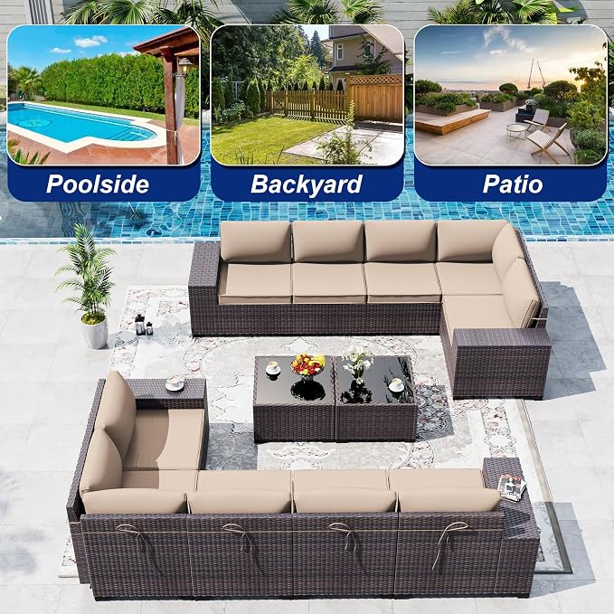 Outdoor Patio Furniture Set, 12 Pieces Outdoor Sectional Furniture High Backrest Patio Sofa, All-Weather PE Rattan Patio Conversation Set with Coffee Table & Cushions(Brown).
