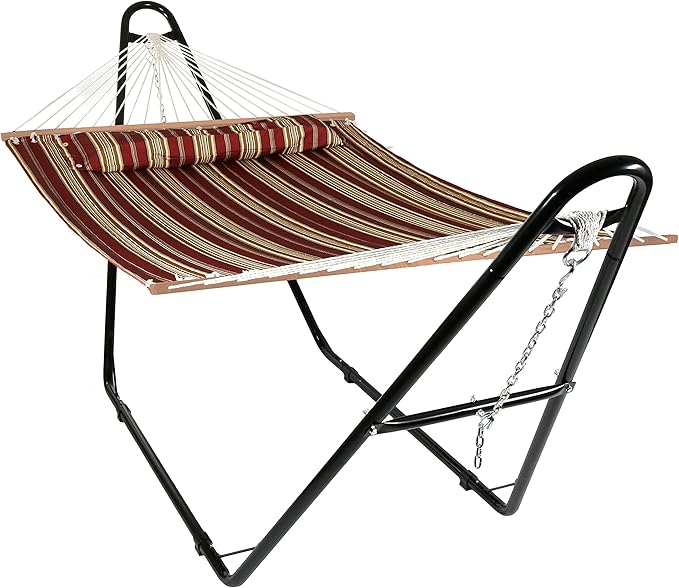 Sunnydaze Quilted Double Hammock with Stand for Outside - 440 lb Capacity Universal Black Steel Stand - UV Resistant, Quick Dry Fabric - Pillow, Chains, and Hardware Included - Red Stripes