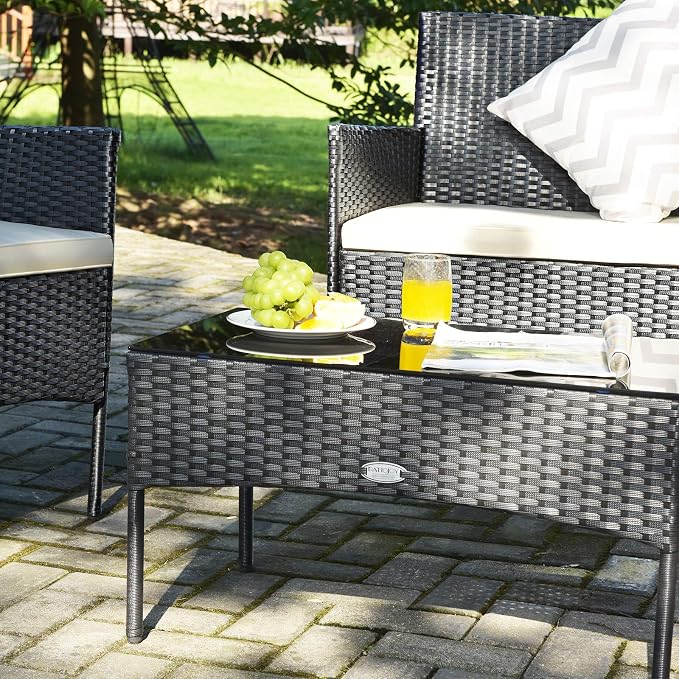 Tangkula 4 Piece Patio Furniture Set, Outdoor Wicker Conversation Set with Tempered Glass Coffee Table, Rattan Loveseat & Chairs Set with Seat Cushions for Backyard, Garden, Poolside (1, Beige)