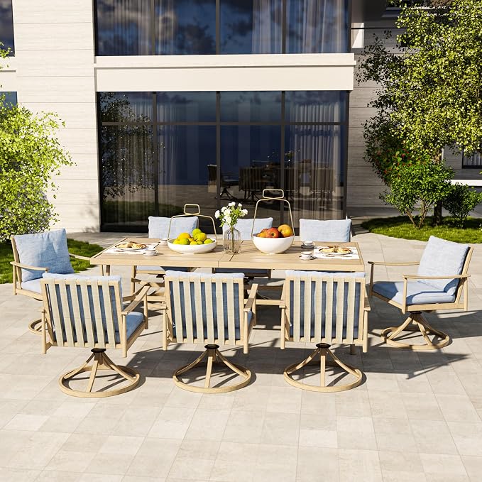 HAPPATIO Patio Dining Set for 8, Aluminum Dining Set, Swivel Rockers, Brown