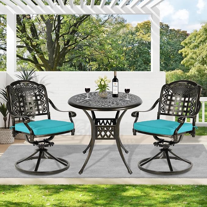 MEETWARM 3-Piece Outdoor Patio Dining Set, All-Weather Cast Aluminum Patio Conversation Set with 2 Cushions Swivel Rocker Chairs and 31" Round Table for Backyard Garden Deck, Umbrella Hole, Ocean Blue