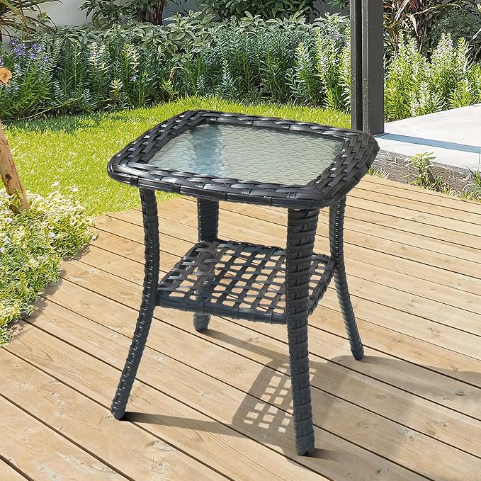 ovios Outdoor Side Table with Tempered Glass Top, Patio Wicker Rattan Bistro Coffee Tables with 2 Tiers Storage for Porch Deck Balcony Garden Poolside, Brown