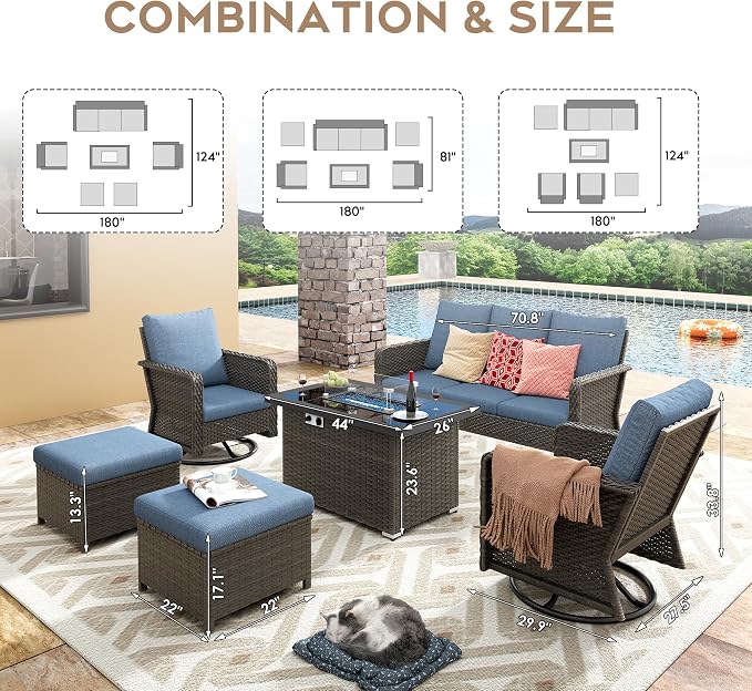 Yechen Patio Furniture Set 6 Peices with 44" Propane Gas Fire Pit Table -2 Wicker Swivel Rocking Chair, Outdoor Sectional Furniture Set with-4.3'' Cushion Conversation Sofa Set for Porch,Backyard