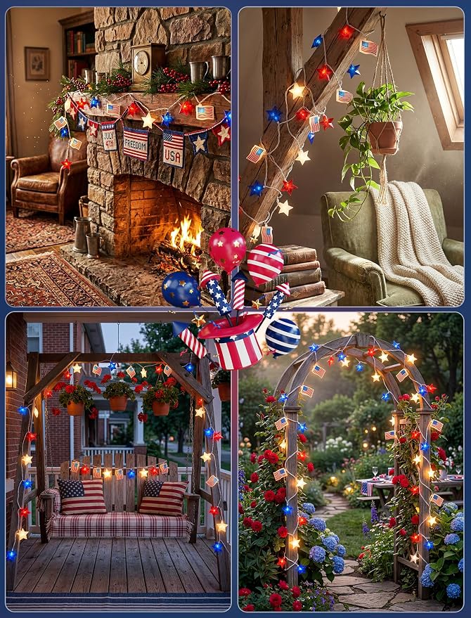 35 LED Red White Blue String Lights, 13.6FT 4th of July Decoration Lights with Patriotic Star & American flag Lights, Connectable Independence Day Lights for Window Home Patio Party Garden Decor