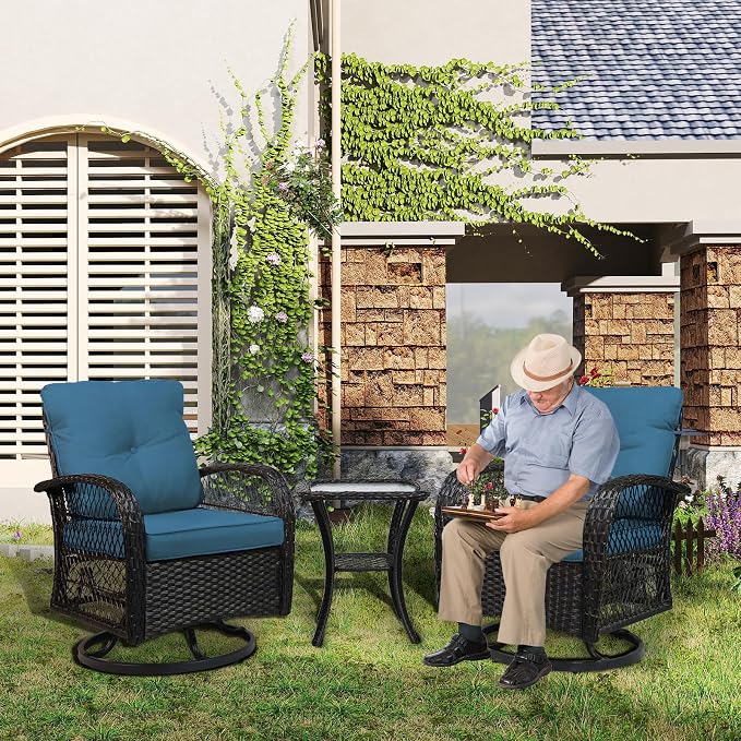 Outdoor Swivel Rocker Patio Chairs with Cushions,Outdoor Swivel Rocking Chairs Set of 2 with Rattan Side Table,360 Degree Swivel Seat Patio Furniture Set for Outside Porch Deck,3 Pieces
