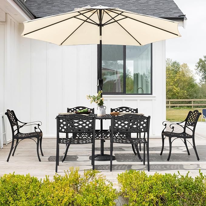NUU GARDEN 7 Pieces Outdoor Patio Dining Sets, Cast Aluminum Rectangle Patio Table with Umbrella Hole and 6 Bistro Chairs, Armrest Dining Chairs and Bistro Table for Balcony, Backyard, Black