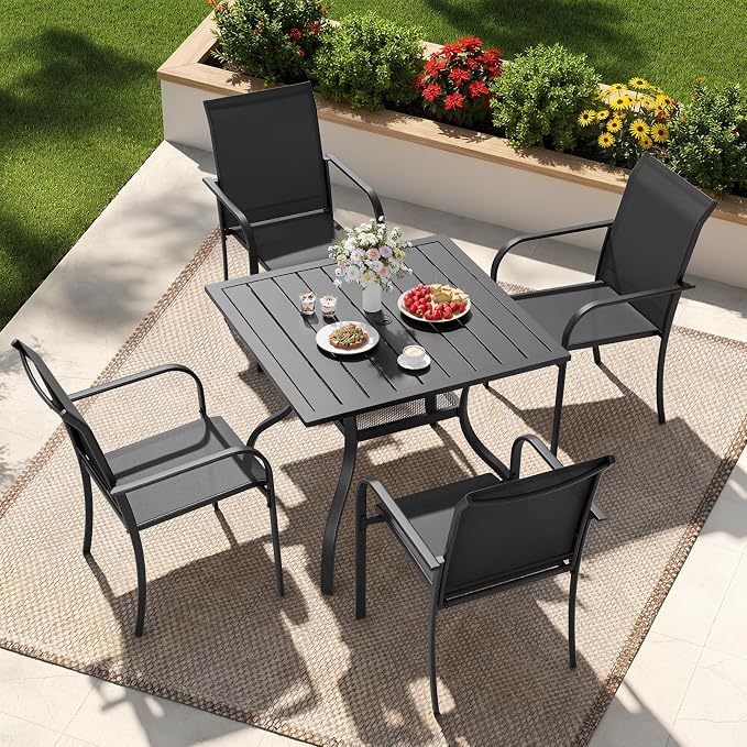 Crownland Outdoor Furniture Dining Table 37" x 37" Metal Frame Patio Table Patio Furniture for 4 Person Square Steel Slat Tabletop with 1.57" Umbrella Hole for Garden Porch, Classic Black