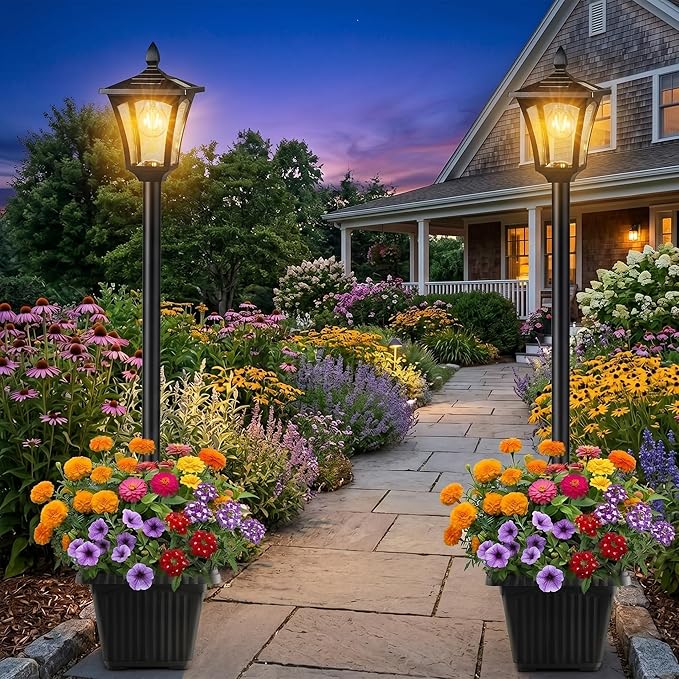 Benany 76" Solar Lamp Post Lights with Planter, Glass & Metal Street Light Outdoor Waterproof, 60 Lumens Dusk to Dawn Solar Pole Light for Garden, Yard, Driveway, Porch, Patio, Warm White