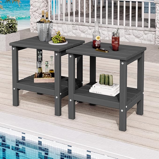 KINGYES 2-Tier Outdoor Side Table Set of 2, HDPE All Weather Adirondack Patio Tables,Gray