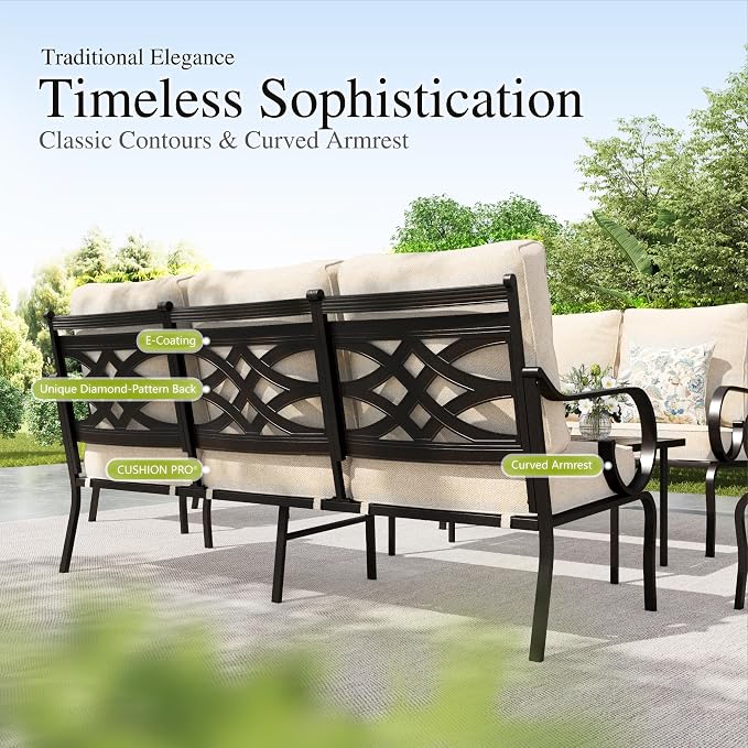 Sophia & William Patio Conversation Set for 4, 4 Rocking Chairs and a 28" Square Fire Pit Table, Metal Outdoor Furniture with 5.75" Extra Thick Cushions, Beige