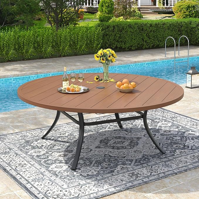 VICLLAX 63" Outdoor Patio Dining Table for 8-10, Metal Round Table with Umbrella Hole for Deck Lawn Garden Backyard, Walnut