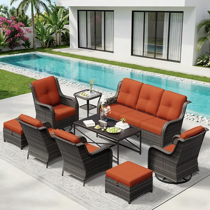 9 Piece Outdoor Wicker Patio Furniture Set, Patio Chairs Set with Thickened Olefin Cushions, High Back and Deep Seating, Hand-Woven PE Rattan, Ottoman for Porch, Deck
