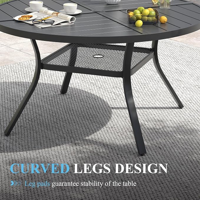 VICLLAX Patio Dining Set for 6, 7 Pieces Outdoor Furniture Set- 47" Round Patio Table and Stackable Chairs, Black Tabletop and Grey Fabric