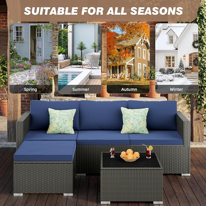 5 Piece Patio Furniture Sets, All-Weather PE Rattan Wicker Outdoor Sectional Sofa with Cushions and Glass Table for Garden Backyard Poolside