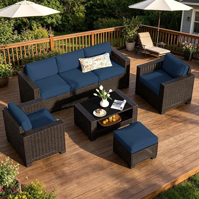 SHGJ&SOFT 7 Piece Outdoor Patio Furniture Set, Wicker Outdoor Sectional Sofa with Washable Cushion Covers and Tempered Glass Table, Rattan Conversation Set for Poolside,Balcony, Porch, Garden