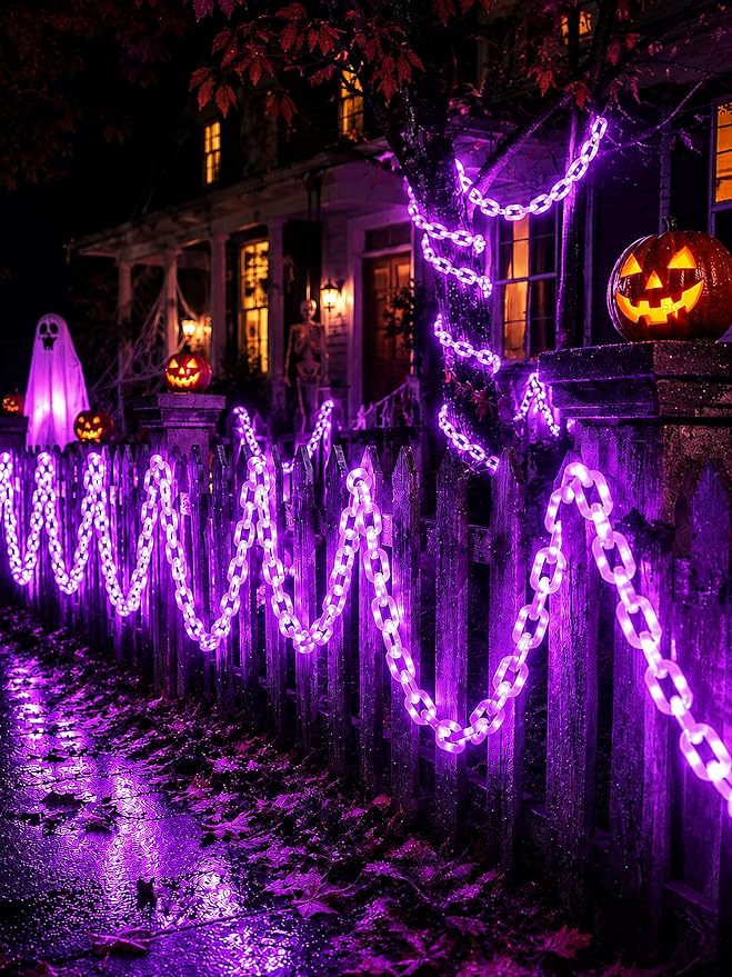 Battery Halloween Chain Lights, 10 FT 160 LED Purple Light-Up Plastic Timer | 8 Modes Battery Operated with Memory for Skeleton Dog, Yard Skeleton, Haunted House and Outdoor Decor Halloween Decorations