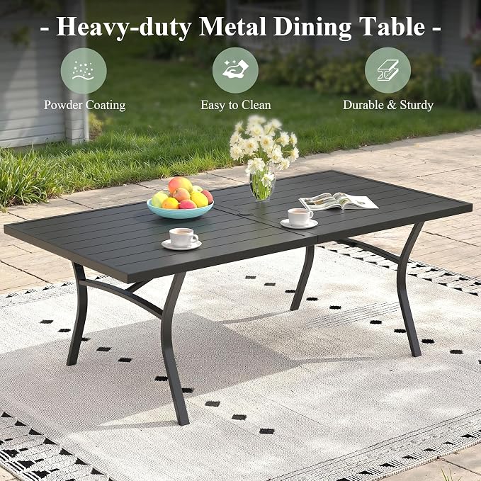 Patio Table and Chairs Set for 6, Outdoor Dining Set with 6 Stackable Dining Chairs and 63.1" x 28" Rectangle Patio Metal Table for Backyard, Deck, Lawn, Garden, Dark Blue & Black