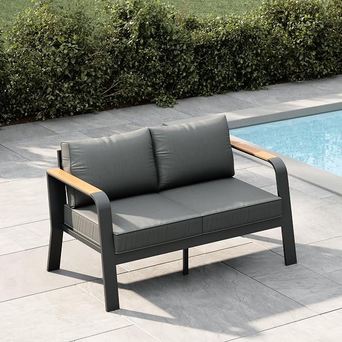 Garvee Outdoor Loveseat Aluminum Patio Furniture Sofa All-Weather Metal Outdoor Couch with Cushions Modern Outdoor 2 Seats Sofa for Garden, Balcony, Deck, Backyard, Dark Grey