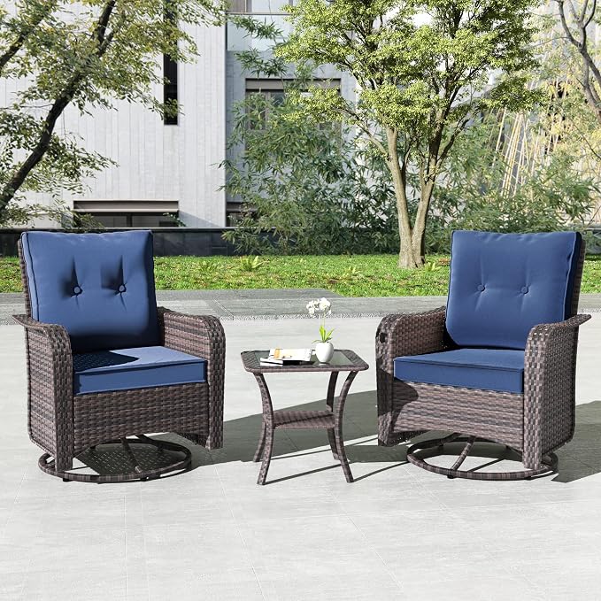 Kullavik 5 Pieces Outdoor Swivel Chairs Set,Patio Wicker Rocker Chairs with 4" Thick Cushions,Side Table and Ottomans,Patio Conversation Furniture Set for Patio Porch Deck Backyard,NavyBlue
