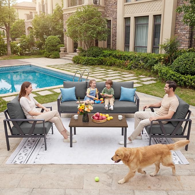 Outdoor Patio Furniture Set, 4 Pieces Metal Patio Furniture Set with Coffee Table, Modern Outdoor Patio Conversation Seating Set with 6” Thick Cushions, Dark Grey