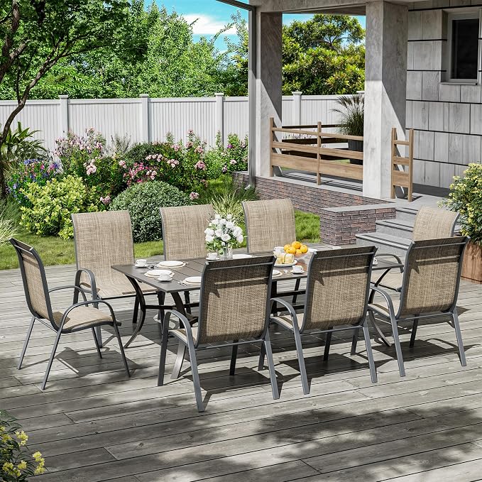 Amopatio 7 Pieces Patio Dining Set for 6, Outdoor Table and Chairs, 6 All Weather Stackable Patio Chairs, 59" Patio Spliced Rectangular Table with Umbrella Hole, for Deck, Backyard, Garden,Brown