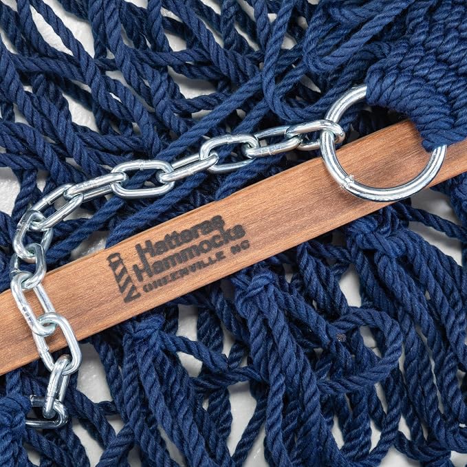 Hatteras Hammocks Small Navy DuraCord Rope Hammock – 11 ft. x 45 in., 450 lb Capacity, Cumaru Spreader Bar, Zinc-Plated Hardware, Handcrafted in The USA