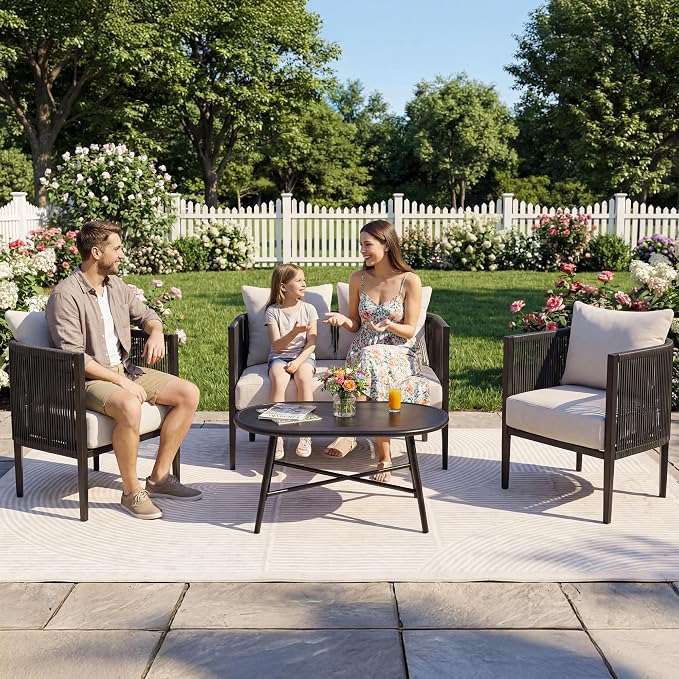NATURAL EXPRESSIONS 4-Piece Outdoor Patio Furniture Set with Thick Olefin Cushions and Metal Table, Handwoven Rattan Conversation Set for Backyard, Balcony and Garden