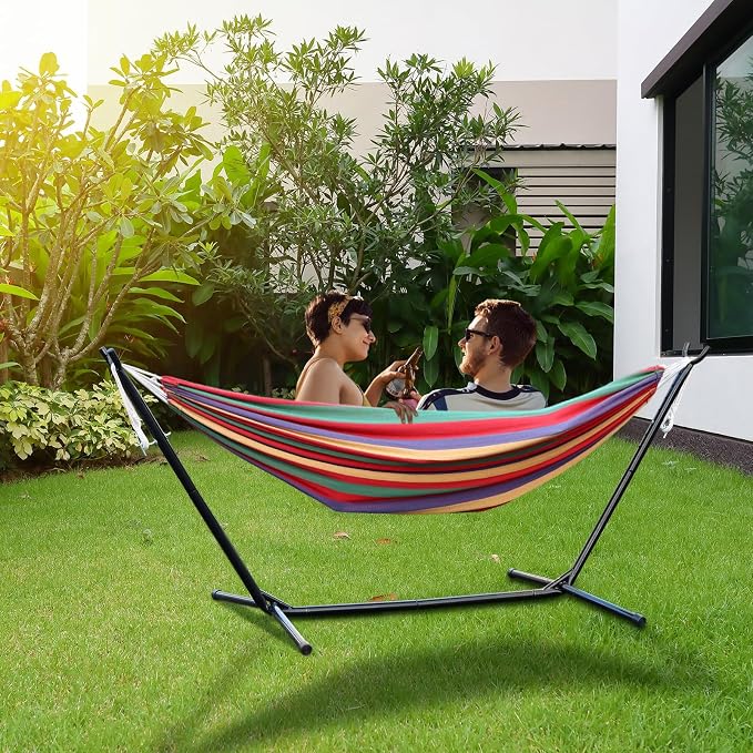 Basics Double Hammock with Space Saving Metal Stand, Indoor Hammock Stand with Carrying Bag, Strong Load-Bearing, Striped Print Red Red