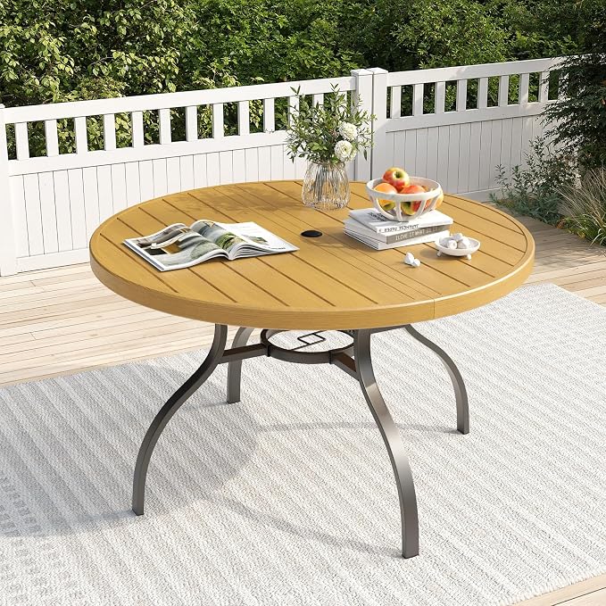 41" Round Outdoor Dining Table for 4, Metal Round Patio Table with Umbrella Hole, All-Weather Outdoor Patio Dining Table for Lawn Garden Deck Backyard (Brown)