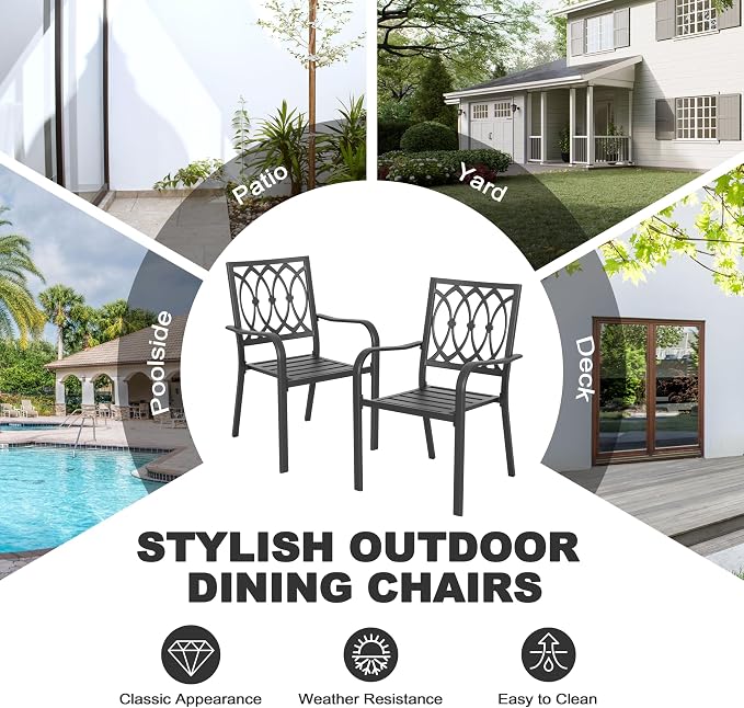NUU GARDEN 5 Piece Outdoor Dining Set, 4 Stackable Chairs and 37 Inch Square Slatted Table with 1.6'' Umbrella Hole for All Weather Patio Furniture Set for Garden, Backyard, Poolside and Lawn, Black