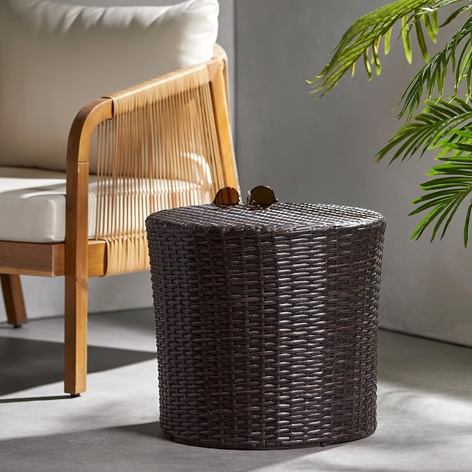 Outdoor Wicker Side Table, Lightweight & Water-Resistant All-Weather, Small Rattan End Table Wicker Patio Table, for Patio Porch Living Room, Brown