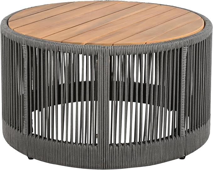 26" Outdoor Rustic Coffee Table,Rattan Rope & Acacia Wood Center Table with Round Top & Iron Frame, Easy Assembly, Versatile Weather-Resistant Patio Furniture for Garden, Yard, Balcony, Gray Teak