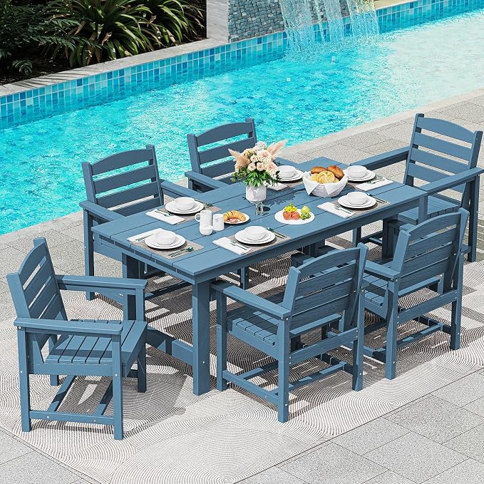SERWALL 67" Rectangle Outdoor Dining Table for 6, Blue | Patio Dining Table with an umbrella hole, HDPE Outdoor Dining Table which can holds up to 220LBS
