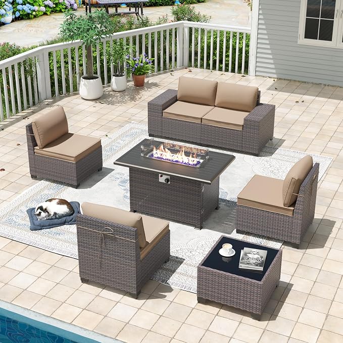 7 Pieces Outdoor Patio Furniture Set with 43"/55000BTU Gas Fire Pit Table,PE Rattan Wicker Outdoor Conversation Sofa Set Non-Slip Cushions Waterproof Covers for Backyard,Poolside,Garden,Sand