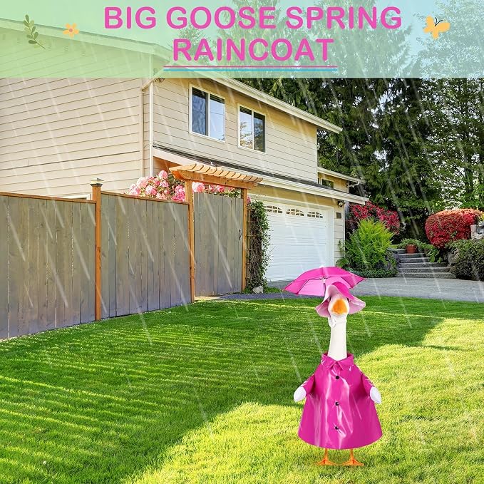 FuWeave Summer Baby Goose Outfit Raincoat and Umbrella for 17'' Lawn Porch Baby Goose Costume Plastic Raincoat Clothes for Summer Spring Outdoor Patio Yard Lawn Decoration(Rose Red)