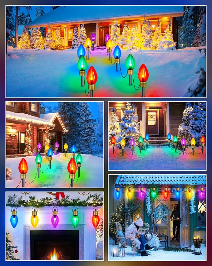 4Pack Jumbo C9 Christmas Pathway Lights Outdoor,Total 34FT C9 Walkway Light | 20 LED Multicolor Bulb Holiday Pathway Light with Marker Stake, Connectable Christmas Lights Outdoor Decoration for Lawn Yard