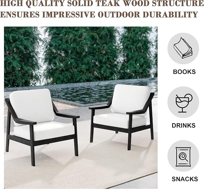 Outdoor Patio Furniture Set, 3 Piece Patio Conversation Sets with Washable Thick Cushions, All-Weather Solid Wood Patio Bistro Set for Porch, Balcony, Black Frame & Beige Cushion
