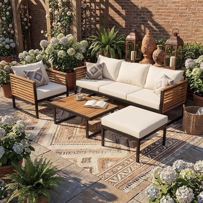Virubi 4-Piece Acacia Wood and Metal Patio Sofa Set, Sturdy Iron & Acacia Frame, Water-Repellent Upholstery Cushions, Outdoor Conversation Sofa Set with 3-Seater, Club Chair, Ottoman & Table