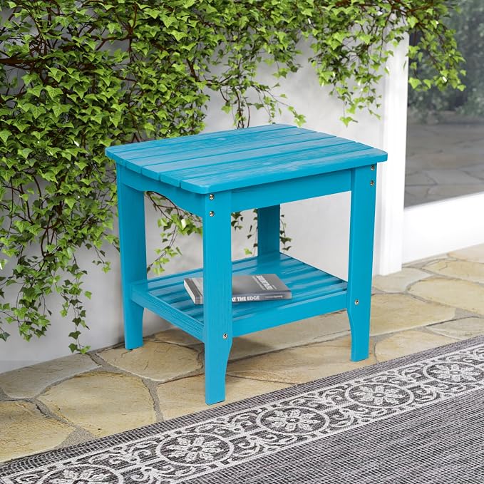 Shine Company Long Island Rectangular Solid Wood End Table, Outdoor Adirondack Side Table, Aqua