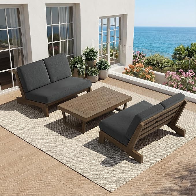 All Weather Patio Furniture Sets, 4 Pieces Teak Wood Outdoor Sectional Futniture Patio Sofa Chair Backyard Conversation Set with Solid Wooden Coffee Table - Dark Gray