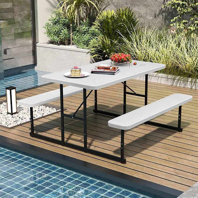 LDAILY Picnic Tables with Benches, Rectangular Dining Table Set for Outside 4 People, HDPE Tabletop, Metal Frame, Umbrella Hole, Heavy Duty Picnic Table for Outdoors, Patio, Lawn, Commercial (White)