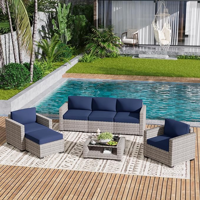 LOUVIXA 7 Piece Outdoor Patio Furniture Set, Rattan Chairs Glass Table Wicker Conversation Seating Sectional Sofa with Cushions (Grey White-Navy, 7Pcs-2 Layer Coffee Table)