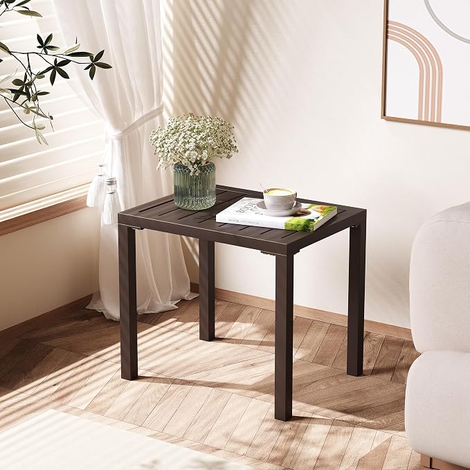 Crestlive Products Outdoor Side Table Set of 2, Aluminum Rectangular Side/End Table, Small Patio Coffee Bistro Table for Outdoor Indoor (Brown)
