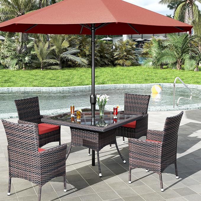 15 Pieces Outdoor Patio Dining Set,Patio Table and Chairs Rattan Outdoor Patio Furniture Set with Umbrella Hole,Dining Table Set for 12 with Chairs for Backyard,Garden and Kitchen,Red