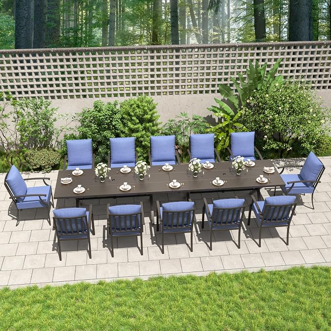Kullavik 14 Pieces Outdoor Dining Set,Patio Dining Table and Chairs Set for 12,Fence Pattern Back Chairs with Thickened Cushions & Rectangular Metal Dining Table with Umbrella Hole for Patio,Navy Blue