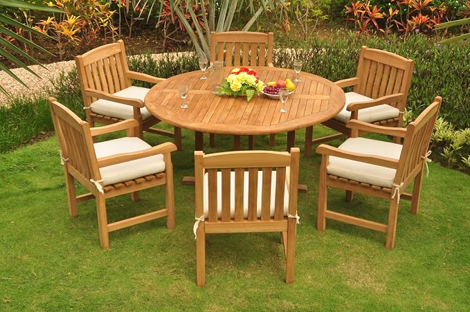 New 7 Pc Luxurious Grade-A Teak Wood Outdoor Dining Set - 60" Round Dining Table and 6 Devon Arm/Captain Chairs #WHDSDVz